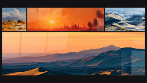 Mosaïque de quatre tableaux, dont Coucher de soleil Istanbul et Paysage montagneux désertique