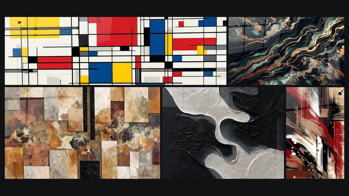 Mosaic of five paintings, including Geometric Composition, Structured Disorder Abstract and Aurifer Flow