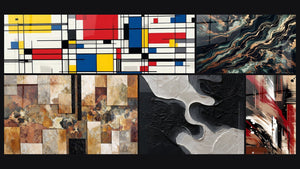 Mosaico de cinco cuadros, entre ellos Composición geométrica, Desorden Estructurado y Flujo Aurífero