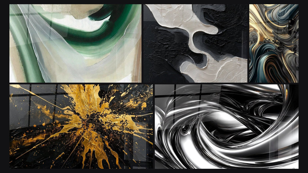 Mosaic of five paintings, including Emerald Silk, Opulent Undulations and Metallic Whirlpool