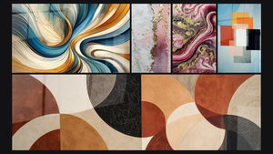 Mosaic of five paintings, including Elegant Spirals, Purple Flames and Geometric Shapes Functional Contrast