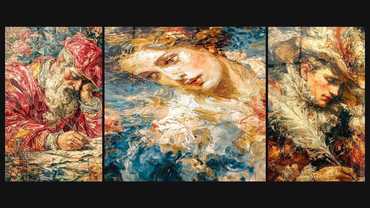 Mosaic of three paintings, including Saint Jerome Feather Inspired and Face Reverie Ochre
