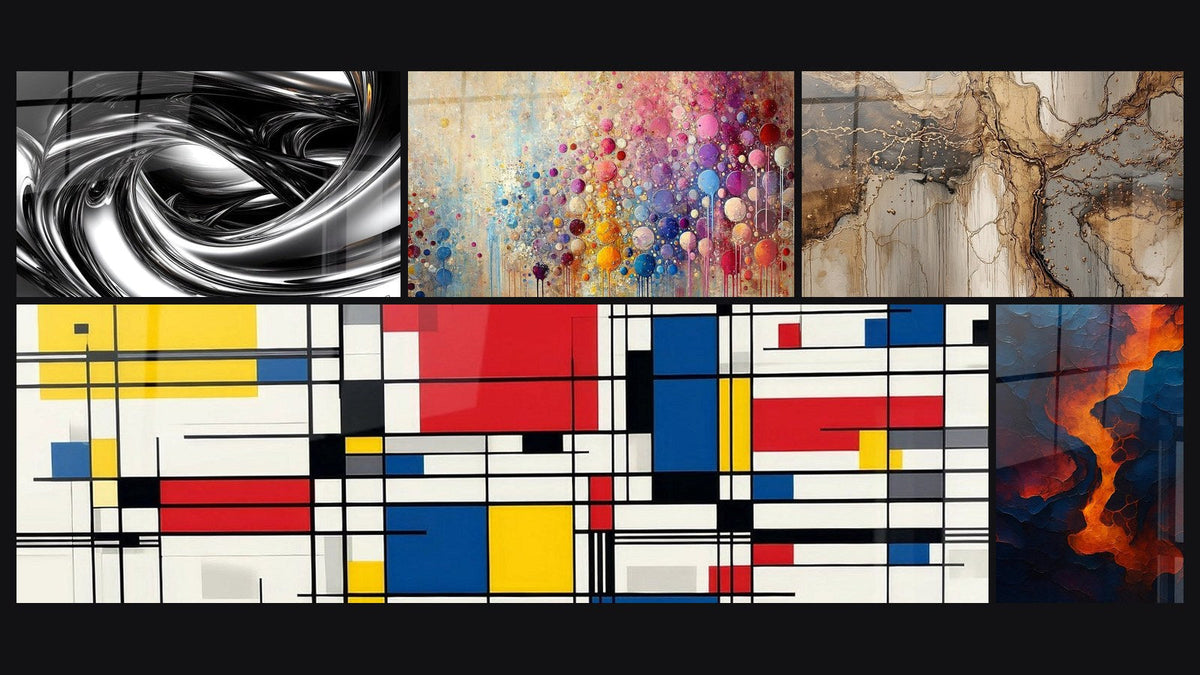 Mosaic of five paintings, including Metallic Whirlpool, Geometric Composition and Mosaic Spheres