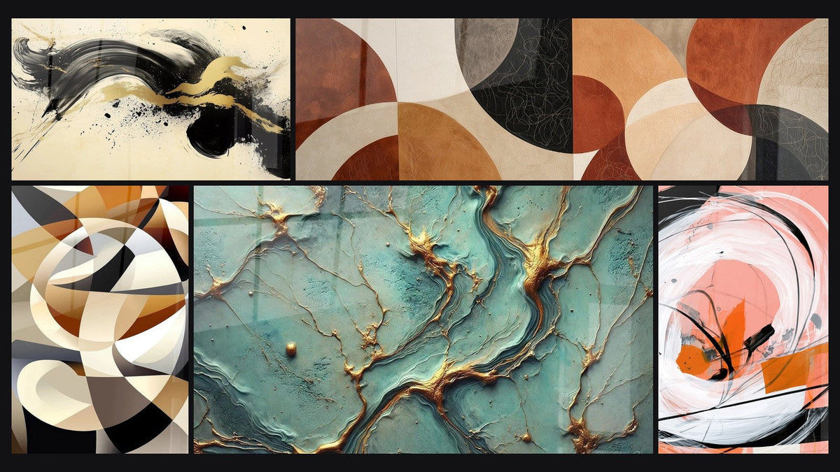 Mosaïque de cinq tableaux, dont Élan Passionné Noir, Formes circulaires entrelacées et Rivières d’Or