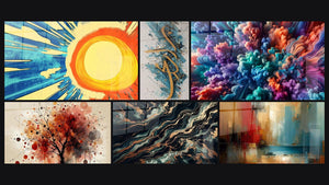 Mosaico de seis cuadros, entre ellos Sol radiante, Caligrafía dorada y Bosque Abstracto