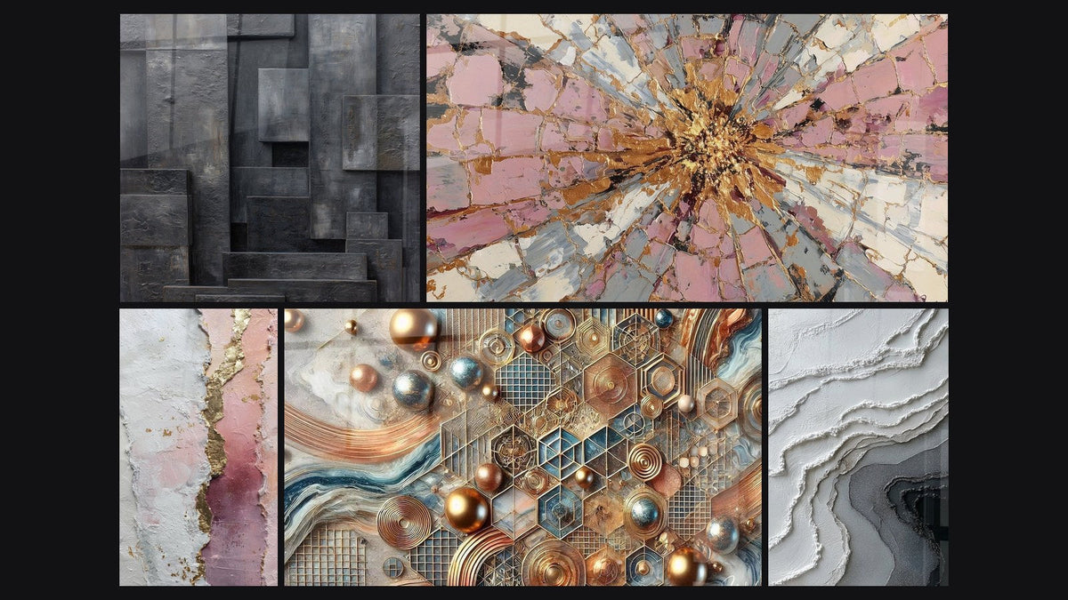 Mosaico di cinque quadri, tra cui Mosaico di Rame e Esplosione Rosa e Oro con Centro Radioso