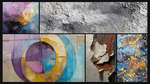 Mosaico de cinco cuadros, entre ellos Explosión de colores abstracta y Textura Abstracta Gris y Plateado Mineral