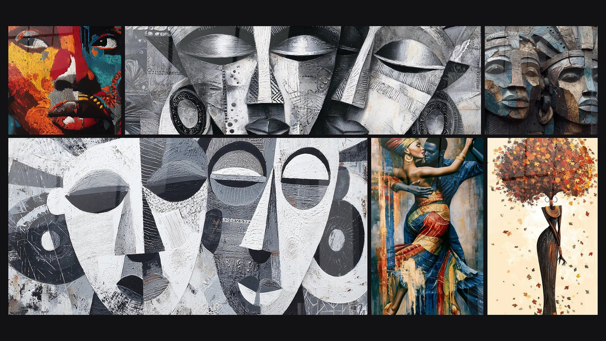 Mosaico di sei quadri, tra cui Viso africano mosaico colorato e Maschere Africane Astratte