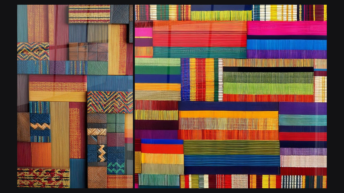 Due quadri affiancati, tra cui Tessuto patchwork di