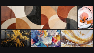 Mosaico de cinco cuadros, entre ellos Espiral Blanca y Coral con Rayas Negras