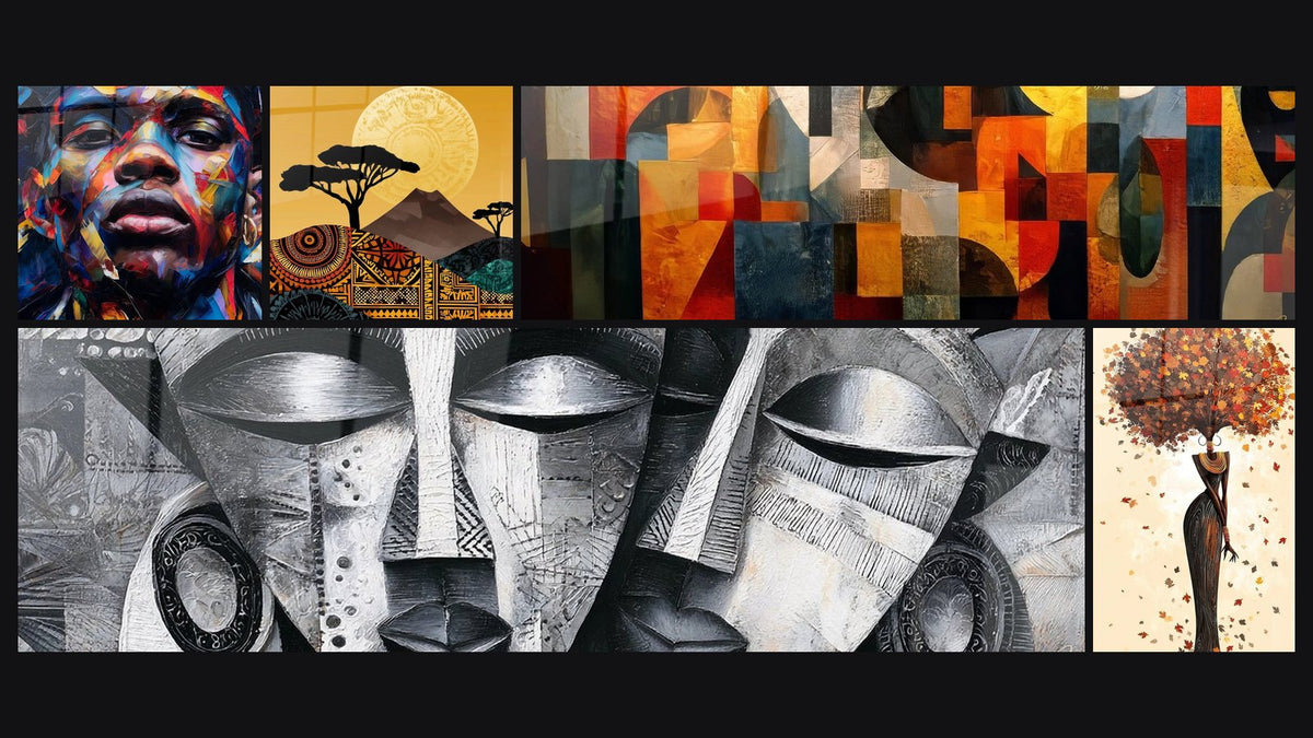 Mosaico di cinque quadri, tra cui Savana Sezioni del Regno Dorato, Maschere Africane di e Donna Africana Autunno