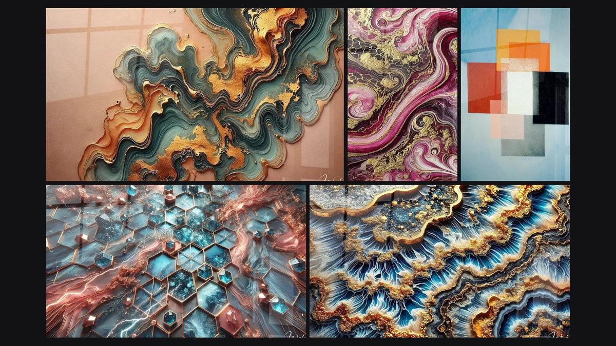 Mosaico di cinque quadri, tra cui Onda Ramata, Fiamme Porpora e Forme Geometriche Contrasto Funzionale