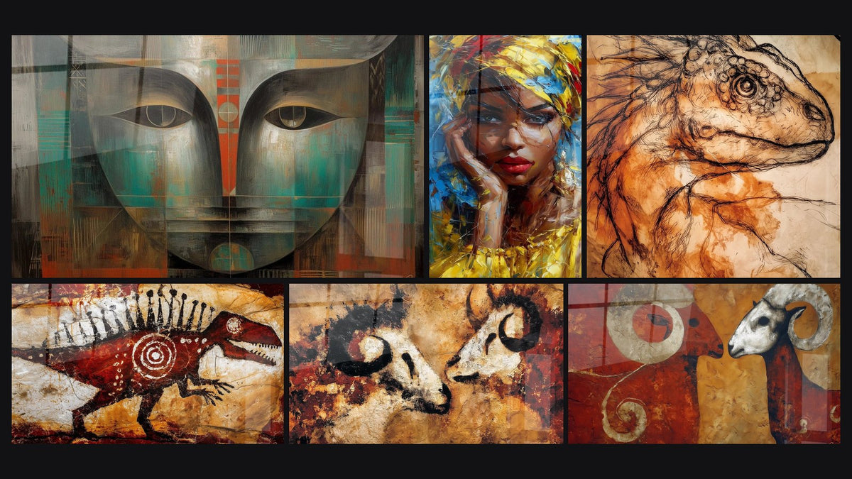 Mosaic of six paintings, including Protective Face of Ancestors, Prehistoric Dinosaur and Red Dinosaur