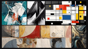 Mosaico de cinco cuadros, entre ellos Blanco Brillante y Sarcelle en Relieve y Trayectorias Fracturadas
