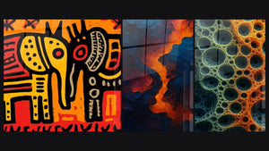Mozaïek van drie schilderijen, waaronder Spirituele Olifant (Dieren) en Bloed van de aarde