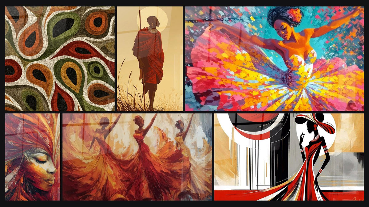 Mosaik aus sechs Gemälden, darunter Ethnisches Mosaik, Masai-Krieger und Heiler-Gesicht Tribal