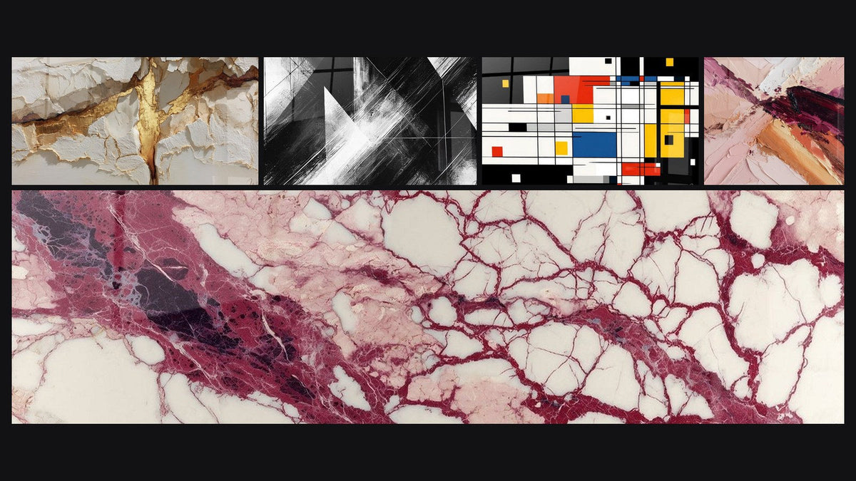 Mosaïque de cinq tableaux, dont Points de Convergence et Veines pourpres et crème sur fond écru