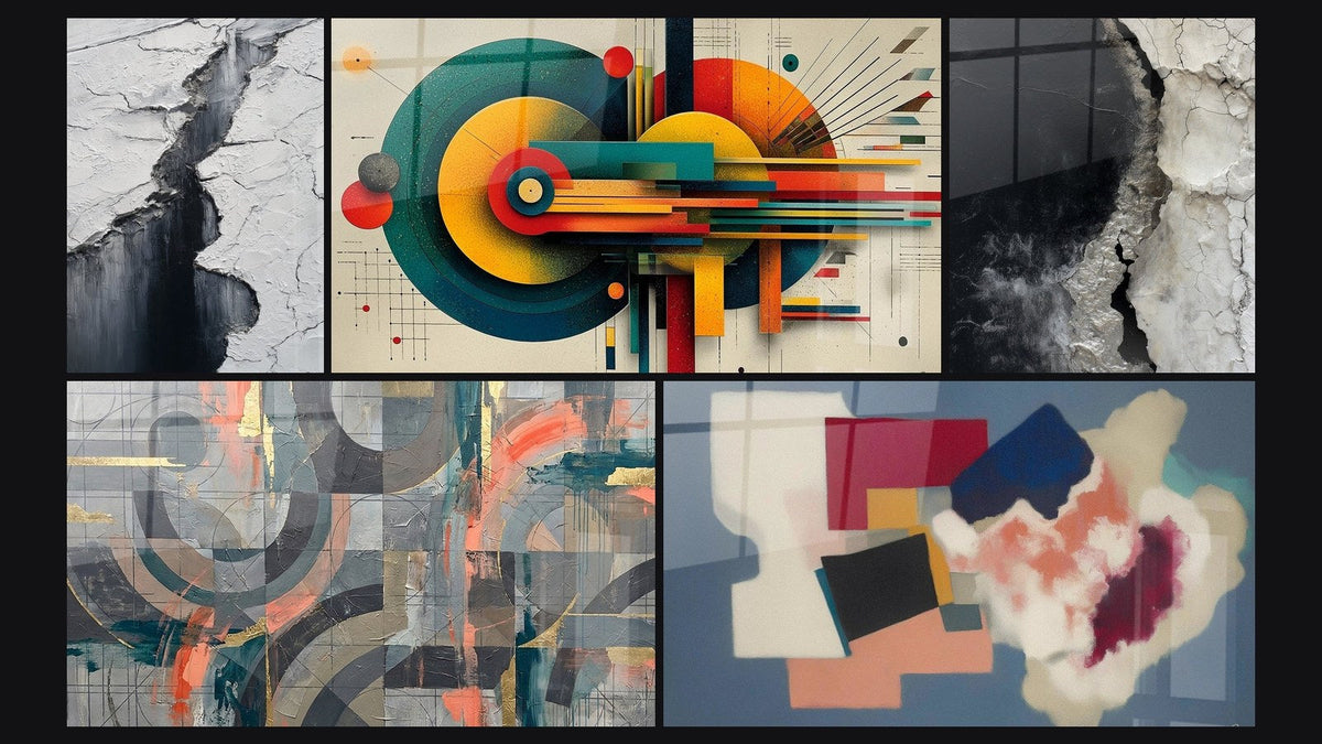 Mosaic of five paintings, including Glacier Crevasse Wall Art Grey and Black and Geometric Concentric Energy