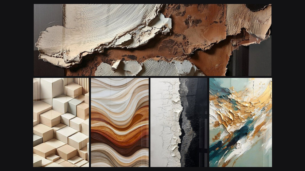 Mosaik aus fünf Gemälden, darunter Abstrakte Texturen Erde und Creme, Minimalismus und Fließende Wellen Erde und Kupfer