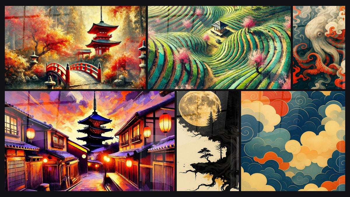 Mosaic of six paintings, including Japanese Wall Art N°6, Japanese Landscape Wall Art No.1 and Awakening Black