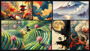 Mosaïque de six tableaux, dont Japonais N°6, Paysage Japonais N°1 et Éveil Noir -Édition Japon