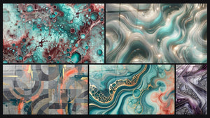 Mozaïek van vijf schilderijen, waaronder Tafel Essentie van Granaat, Sprankelende Golven en Aquarelgetijtafel
