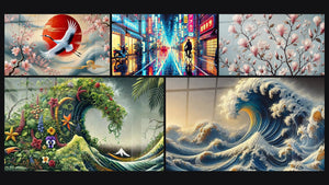Mosaïque de cinq tableaux, dont Sous le Ciel du Japon, Japonais N°4 et Vague Japonaise N°1