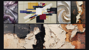 Mozaïek van vijf schilderijen, waaronder Kwartslamellenpaneel en Geometrische Compositie Creatieve Spanning