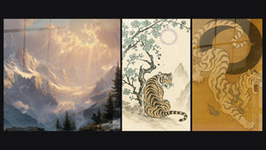 Mosaico de tres cuadros: Montaña nevada, La Espera Salvaje -Edición Chino Asia y Guarde del Vacío -Edición Chino Asia