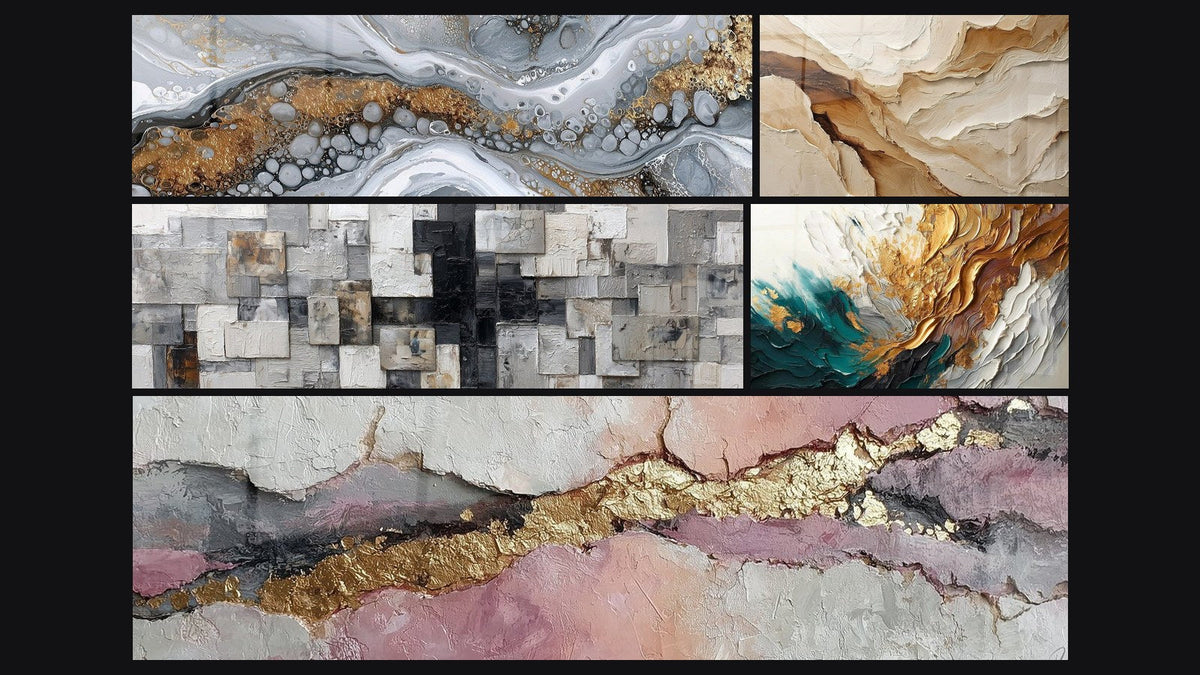 Mosaico di cinque quadri, tra cui Astratto Fluido Grigio e Oro, Traccia in Oro e Giada e Astratto Beige e Terra