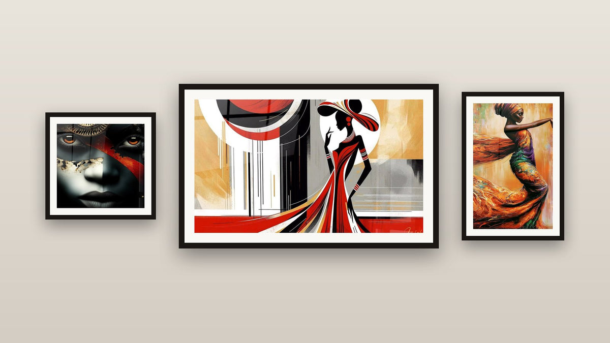 Gallery wall with three framed paintings, including Face Art Shadow Dance and Of Sophistication