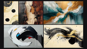 Mozaïek van vijf schilderijen, waaronder Evenwicht Zwarte Bol, Abstract dynamisch en Gepassioneerd Elan