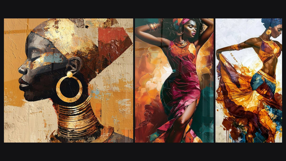 Mosaico de tres cuadros, entre ellos Mujer Africana Perfil y Bailarina vestido burdeos y fondo ocre