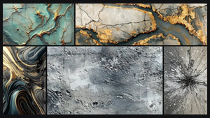 Mozaïek van vijf schilderijen, waaronder Gouden Rivieren, Ondulerende Weelde en Abstract zilverkleurig grijs textuur