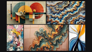 Mosaico de cinco cuadros, entre ellos Geométrico Revolución Circular, Explosión de colores y Ola de Cobre