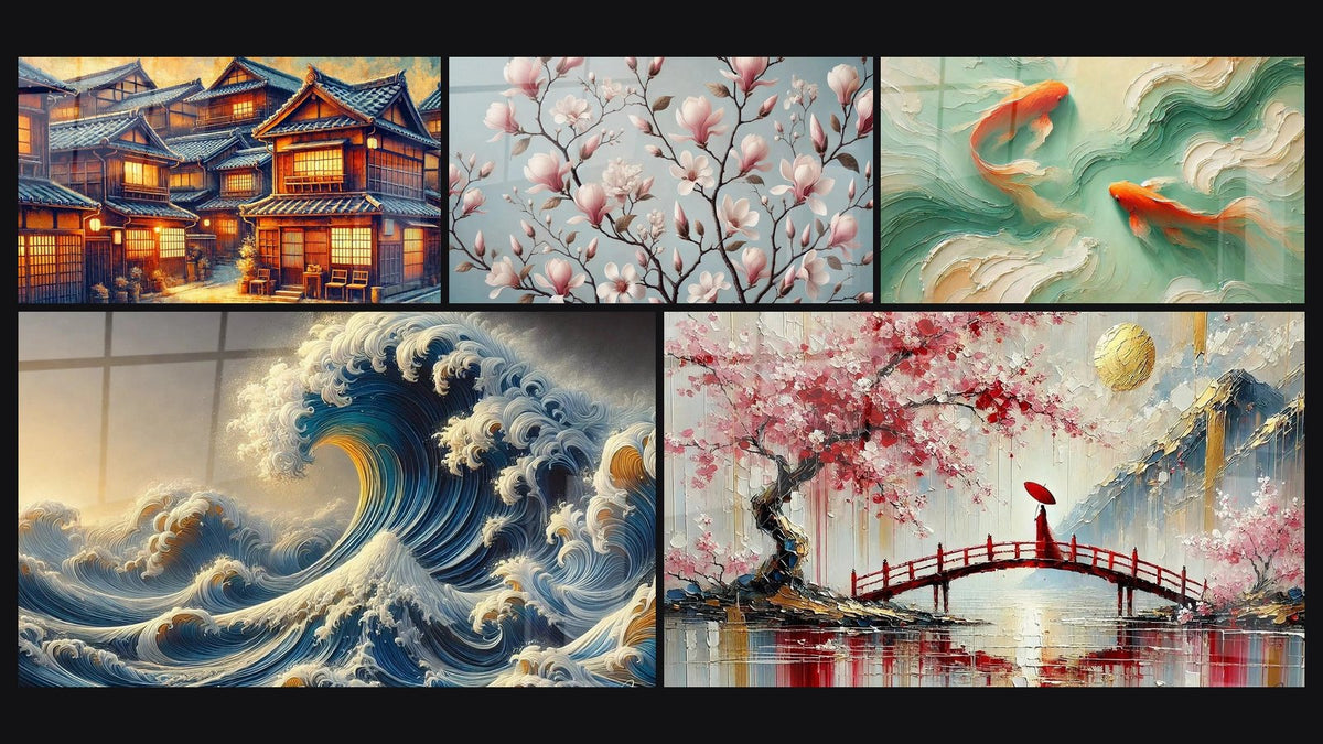 Mosaico de cinco cuadros, entre ellos Japonés N°1, Elegancia Floral y La Danza del Mar