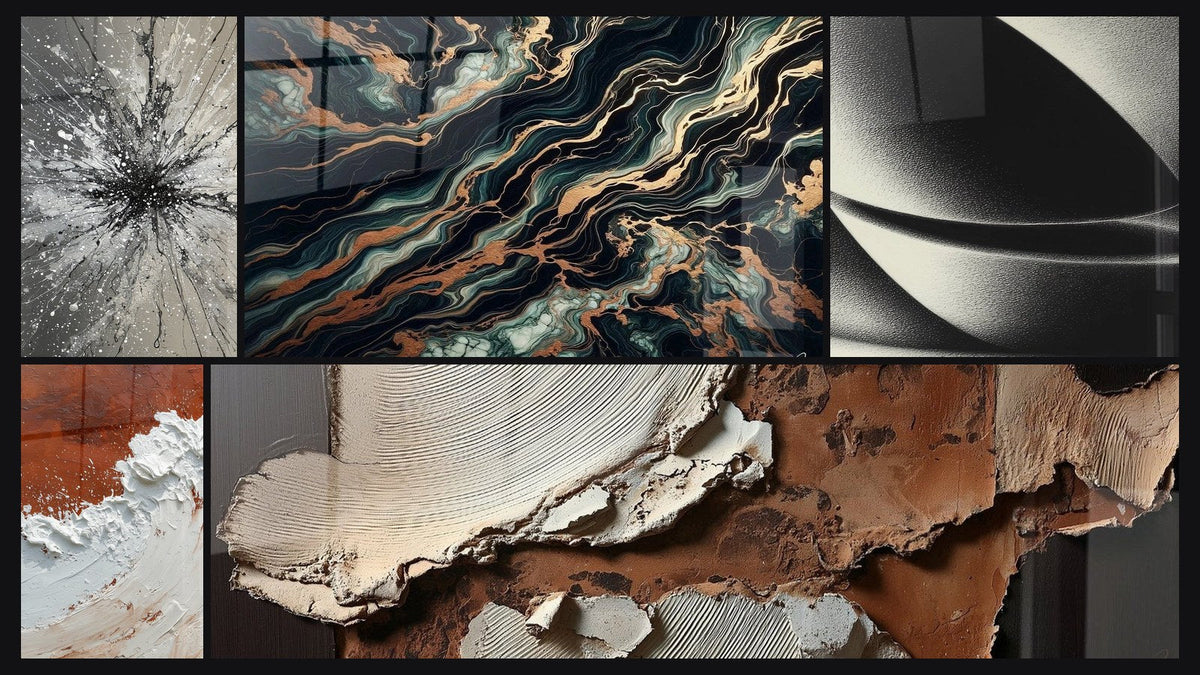 Mozaïek van vijf schilderijen, waaronder Goudstroomtabel, Abstract Aarde en Wit Dikke Textuur en Abstracte bol