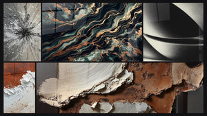 Mosaico de cinco cuadros, entre ellos Flujo Aurífero, Abstracta Tierra y Blanco Material Grueso y Esfera abstracta