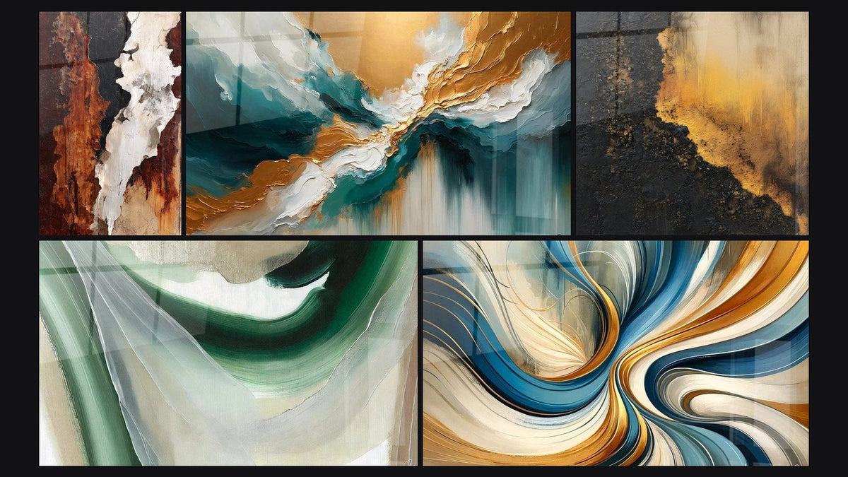 Mosaico de cinco cuadros, entre ellos Abstracto tierra y blanco con vetas negras, Luz de las Profundidades y Seda Esmeralda