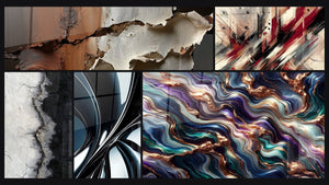 Mosaico de cinco cuadros, entre ellos Turbulencia Artística, Espiral metálico cromado y Serenata Mineral