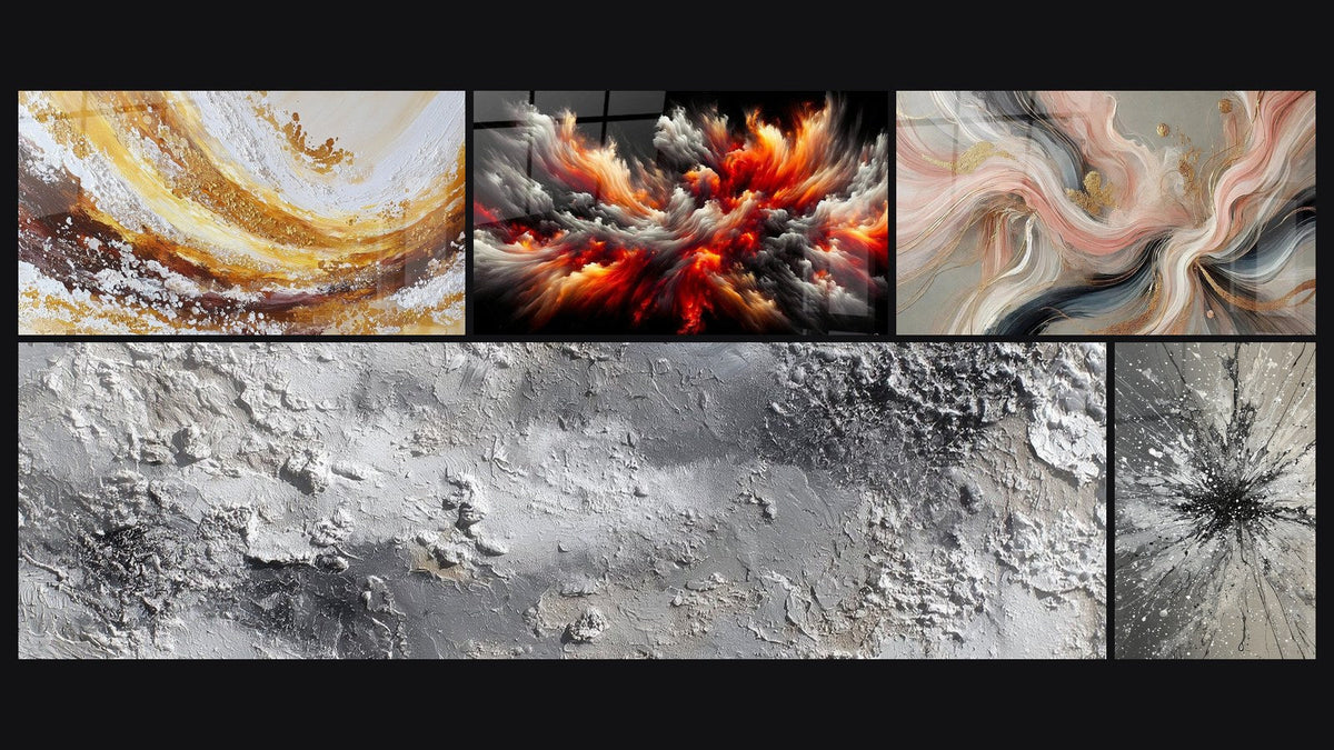 Mosaico de cinco cuadros, entre ellos Tormenta Solar Abisal, Flujos de Seda y Textura Abstracta Gris y Plateado Mineral