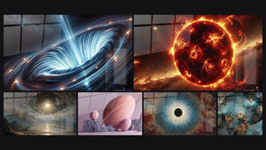 Mosaic of six paintings, including Singularity, Fire Colossus and Spiral Galaxy Cosmic