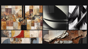 Mozaïek van vijf schilderijen, waaronder Abstracte geometrische vormen, Abstracte bol en Gebroken Trajecten