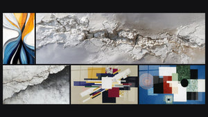 Mosaïque de cinq tableaux, dont Flux dynamiques colorés et Texture Murale Fissurée Blanc et Gris