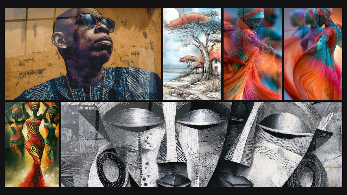 Mosaic of six paintings, including African Man with Sunglasses and Acacia Aureolate with Ardent Copper