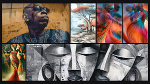 Mosaico de seis cuadros, entre ellos Hombre africano con gafas y Acacia Aureoleado de cobre ardiente