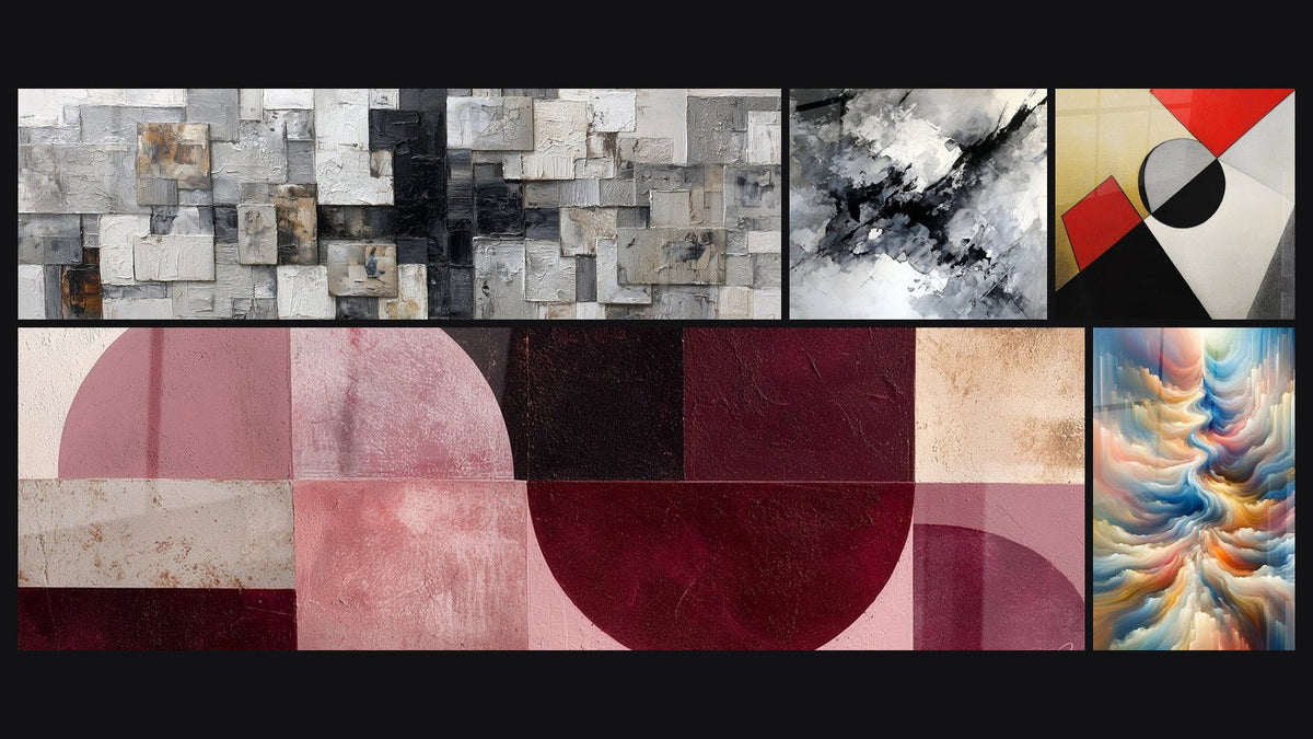 Mosaik aus fünf Gemälden, darunter Resonanz der himmlischen Töne und Geometrisches Formenmuster