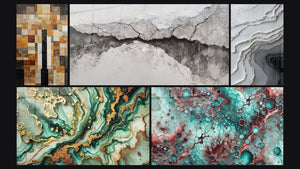 Mosaico de cinco cuadros, entre ellos Mármol Misterioso y Esencia de Granate