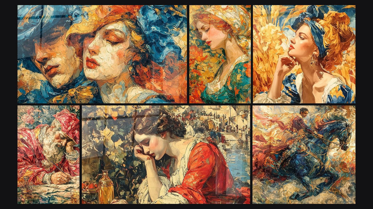 Mosaïque de six tableaux, dont Couple Modelé Parfait, Femme Ocre Vermillon et Saint Jérôme Plume Inspirée