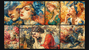 Mosaic of six paintings, including Couple Perfect Model, Woman Ochre Vermillion and Saint Jerome Feather Inspired